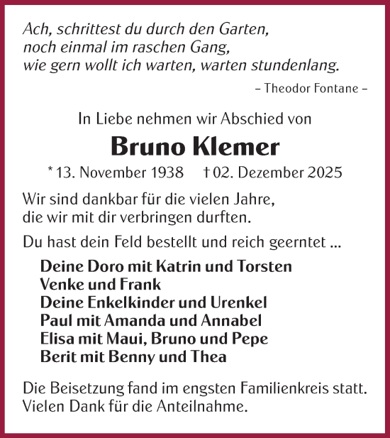 Traueranzeige von Bruno Klemer von MO Oderld.-Echo