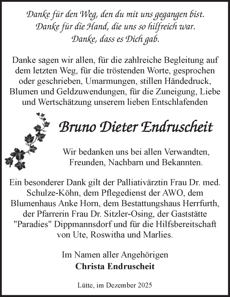  Traueranzeige für Bruno Dieter Endruscheit vom 13.12.2025 aus Märkische Oderzeitung