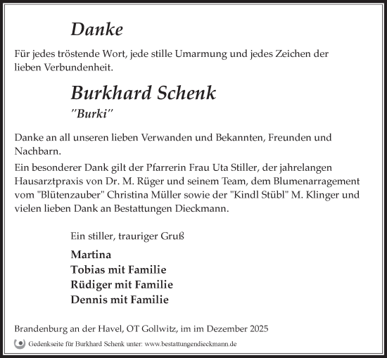 Traueranzeige von Burkhard Schenk von Märkische Oderzeitung