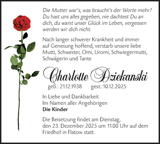 Traueranzeige von Charlotte Dziekanski von Märkische Oderzeitung