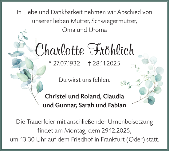 Traueranzeige von Charlotte Fröhlich von Märkische Oderzeitung