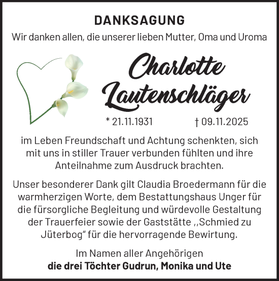 Traueranzeige von Charlotte Lautenschläger von Blickpunkt Jüterbog/Luckenwalde