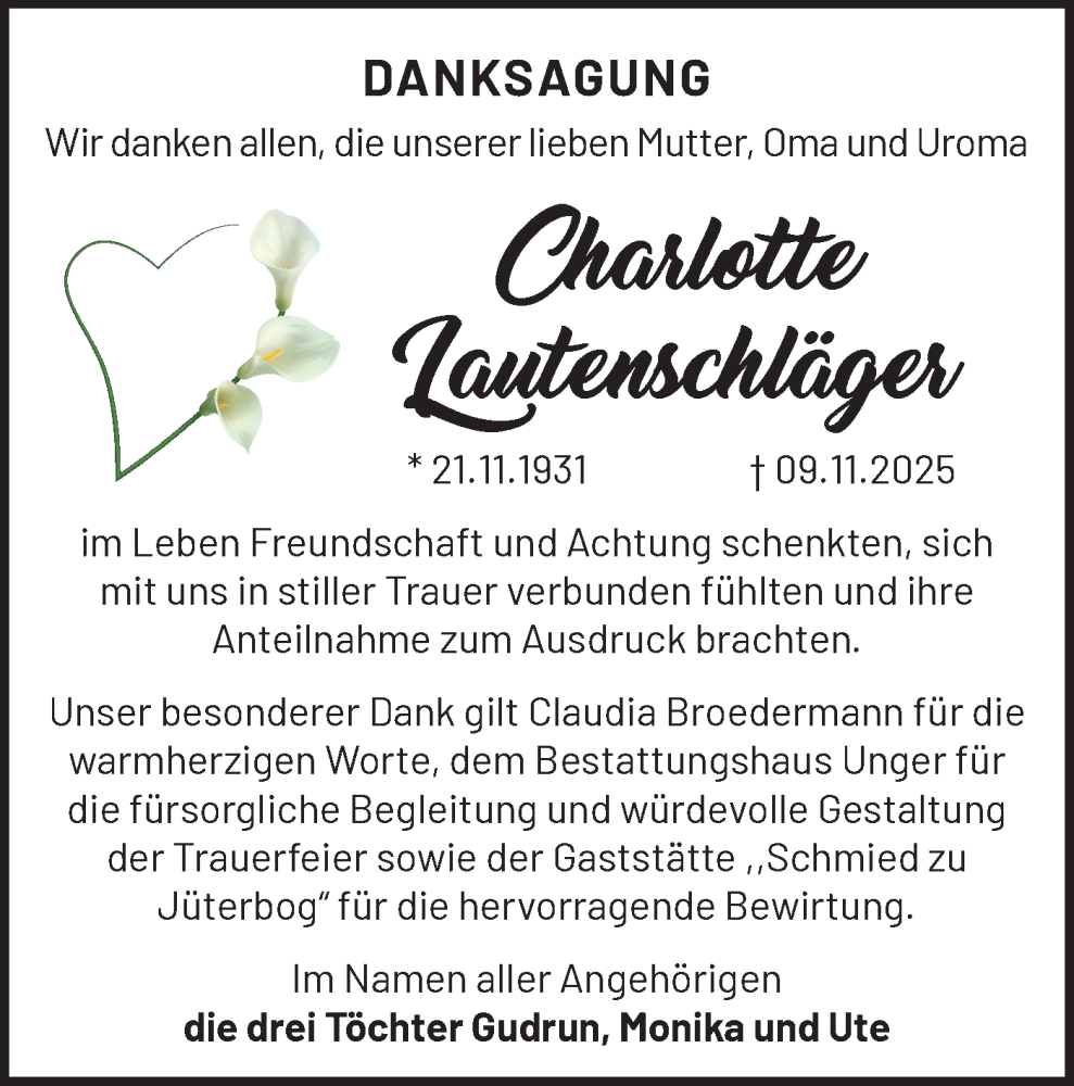  Traueranzeige für Charlotte Lautenschläger vom 20.12.2025 aus Blickpunkt Jüterbog/Luckenwalde