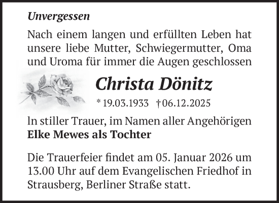 Traueranzeige von Christa Dönitz von Märkische Oderzeitung