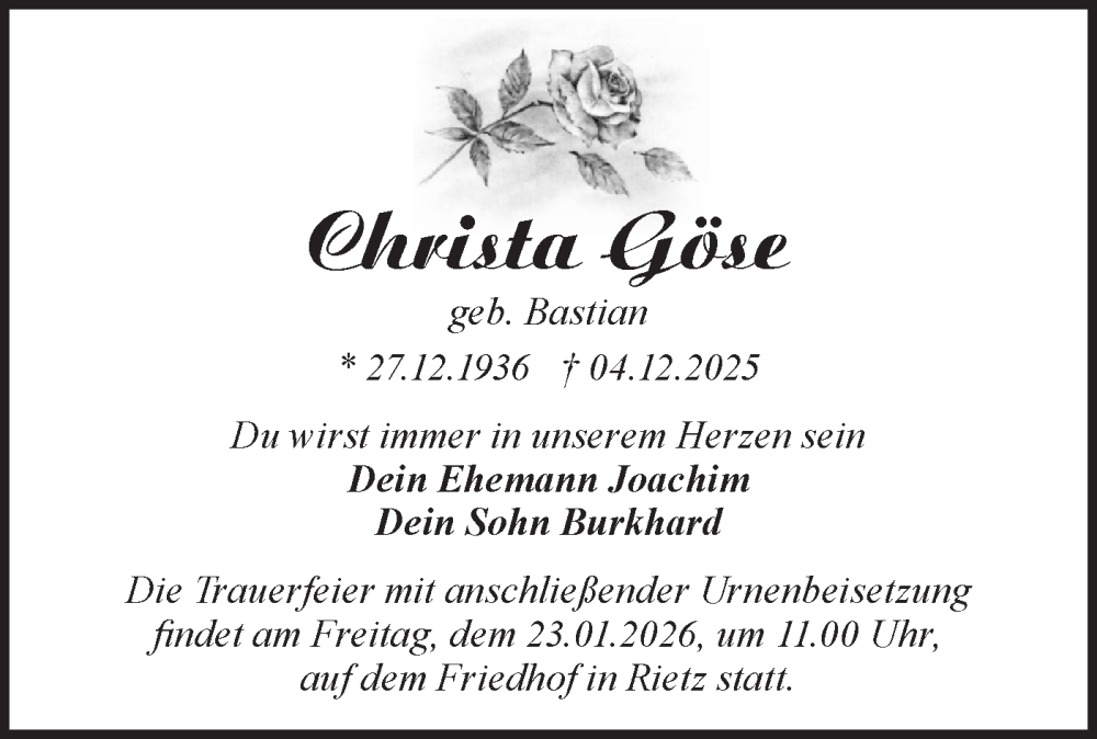  Traueranzeige für Christa Göse vom 20.12.2025 aus Blickpunkt Jüterbog/Luckenwalde