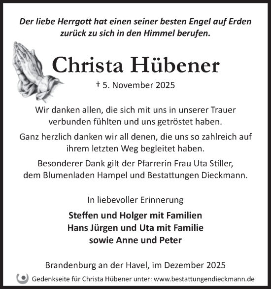 Traueranzeige von Christa Hübener von Märkische Oderzeitung