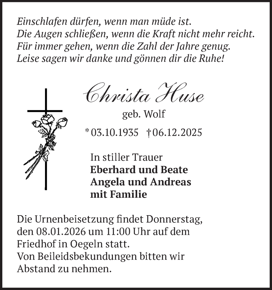  Traueranzeige für Christa Huse vom 20.12.2025 aus Märkische Oderzeitung