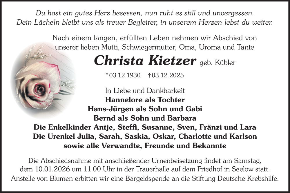  Traueranzeige für Christa Kietzer vom 13.12.2025 aus MO Oderld.-Echo