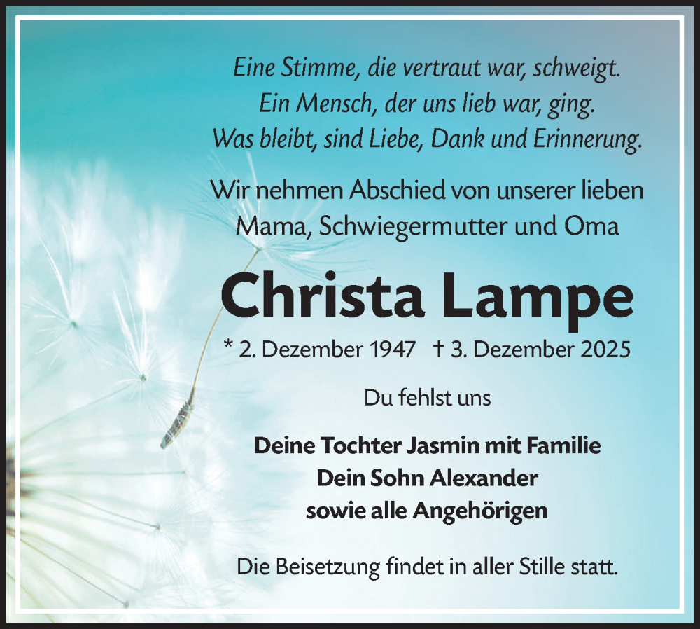  Traueranzeige für Christa Lampe vom 13.12.2025 aus Märkische Oderzeitung
