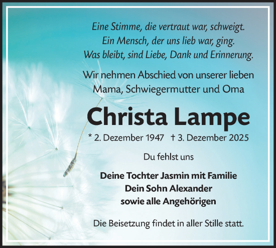Traueranzeige von Christa Lampe von Märkische Oderzeitung