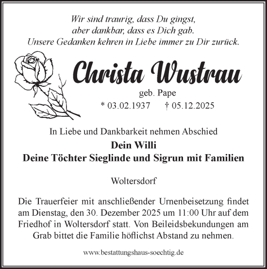 Traueranzeige von Christa Wustrau von Märkische Oderzeitung