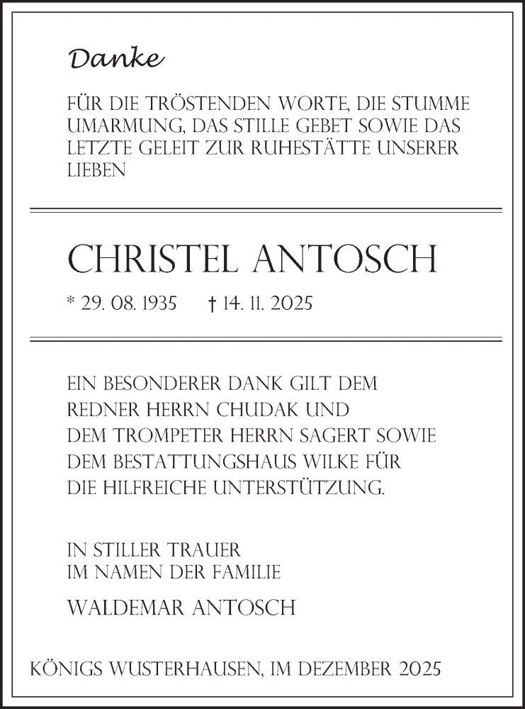  Traueranzeige für Christel Antosch vom 20.12.2025 aus Blickpunkt Königs Wusterhausen