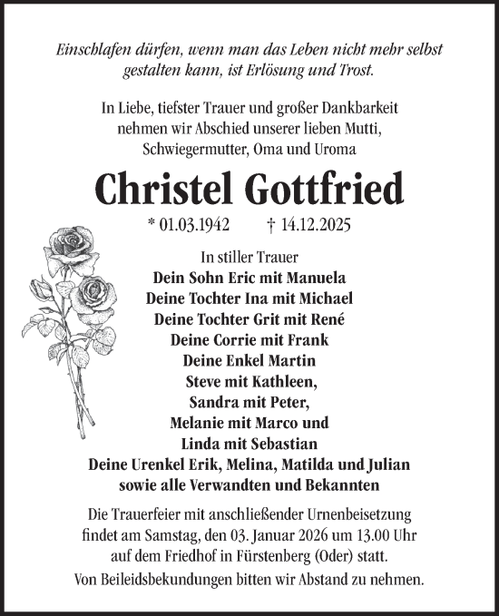 Traueranzeige von Christel Gottfried von Märkische Oderzeitung