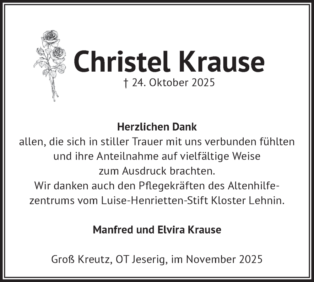  Traueranzeige für Christel Krause vom 06.12.2025 aus Märkische Oderzeitung