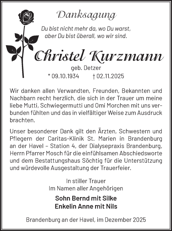 Traueranzeige von Christel Kurzmann von Märkische Oderzeitung
