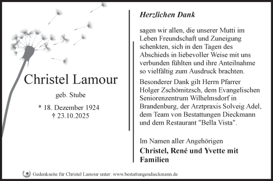 Traueranzeige von Christel Lamour von Märkische Oderzeitung