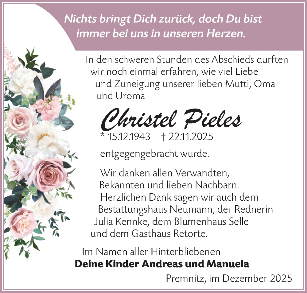  Traueranzeige für Christel Pieles vom 13.12.2025 aus Märkische Oderzeitung