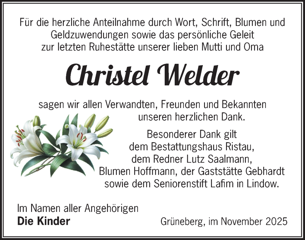  Traueranzeige für Christel Welder vom 06.12.2025 aus Märkische Oderzeitung
