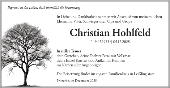 Traueranzeige von Christian Hohlfeld von Märkische Oderzeitung