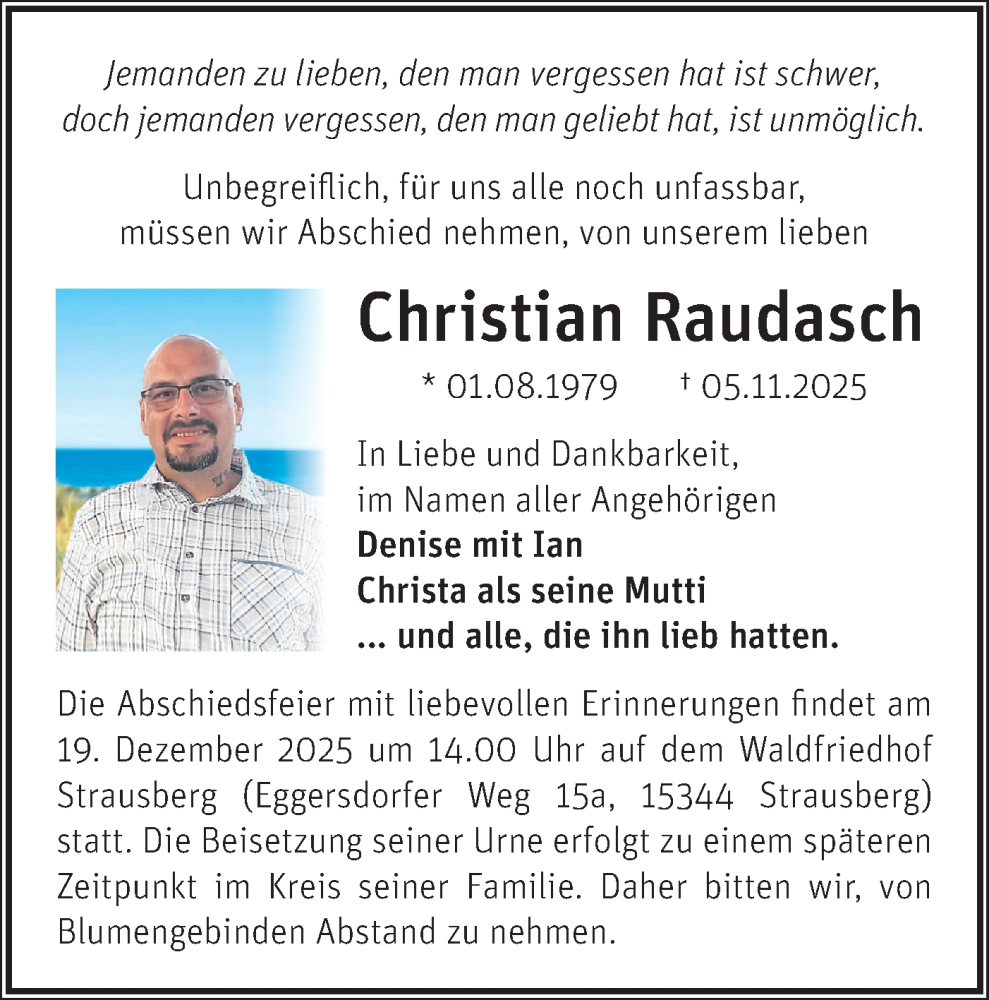  Traueranzeige für Christian Raudasch vom 06.12.2025 aus Märkische Oderzeitung
