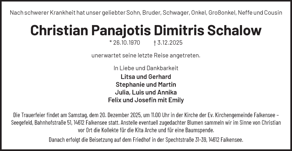  Traueranzeige für Christian Panajotis Dimitris Schalow vom 13.12.2025 aus Märkische Oderzeitung