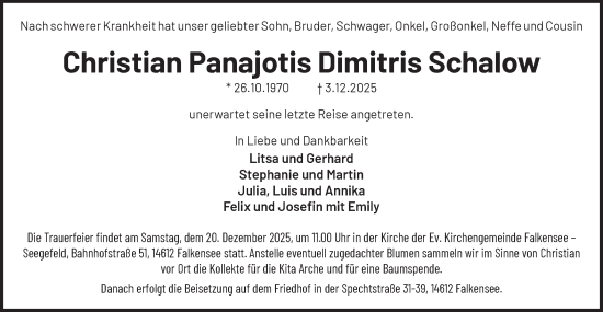 Traueranzeige von Christian Panajotis Dimitris Schalow von Märkische Oderzeitung