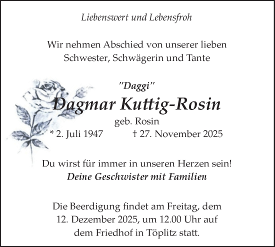 Traueranzeige von Dagmar Kuttig-Rosin von Blickpunkt Potsdam/Werder