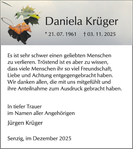 Traueranzeige von Daniela Krüger von Blickpunkt Königs Wusterhausen