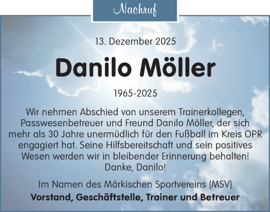 Traueranzeige von Danilo Möller von Märkische Oderzeitung