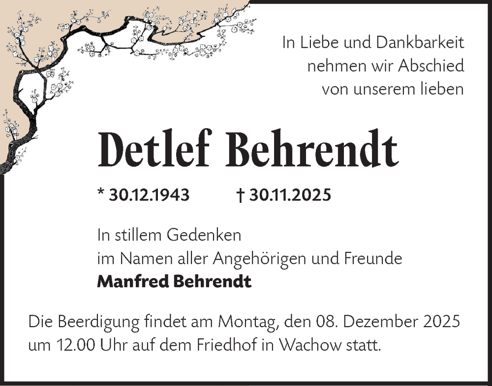  Traueranzeige für Detlef Behrendt vom 06.12.2025 aus Märkische Oderzeitung