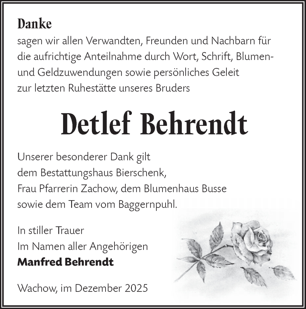  Traueranzeige für Detlef Behrendt vom 13.12.2025 aus Märkische Oderzeitung