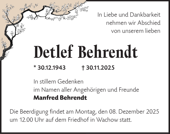 Traueranzeige von Detlef Behrendt von Märkische Oderzeitung