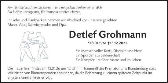Traueranzeige von Detlef Grohmann von Märkische Oderzeitung