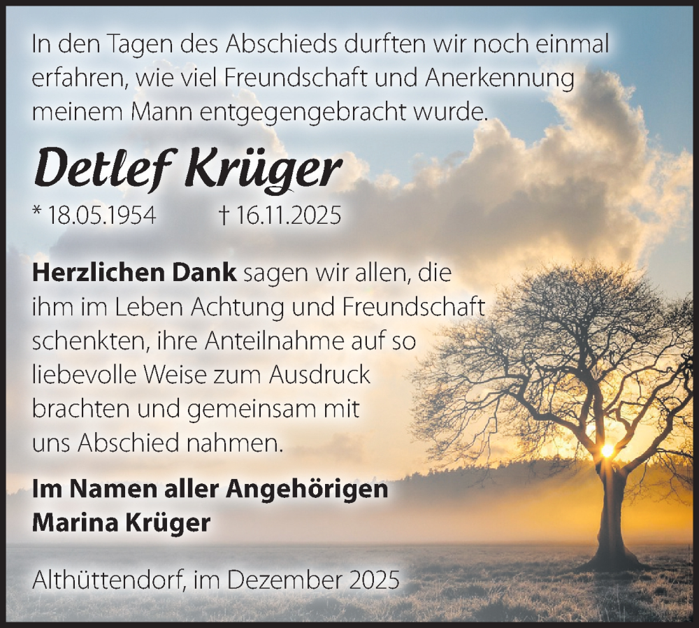  Traueranzeige für Detlef Krüger vom 19.12.2025 aus Märkische Oderzeitung