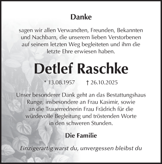 Traueranzeige von Detlef Raschke von Märkische Oderzeitung
