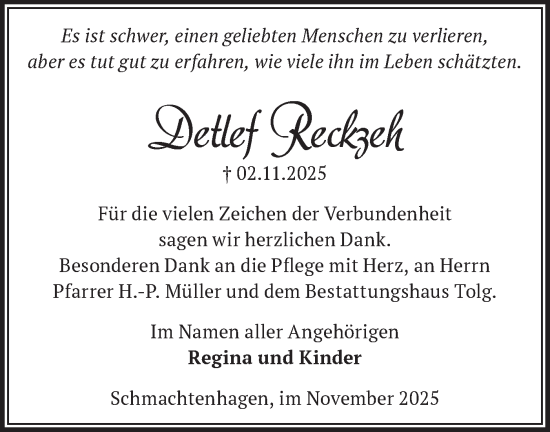 Traueranzeige von Detlef Reckzeh von Märkische Oderzeitung