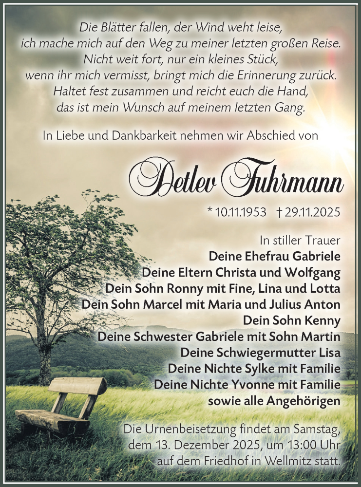  Traueranzeige für Detlev Fuhrmann vom 06.12.2025 aus Märkische Oderzeitung
