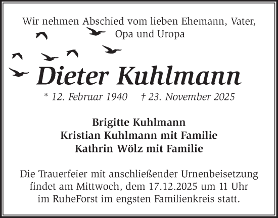 Traueranzeige von Dieter Kuhlmann von Märkische Oderzeitung