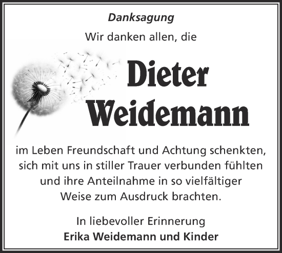 Traueranzeige von Dieter Weidemann von Märkische Oderzeitung