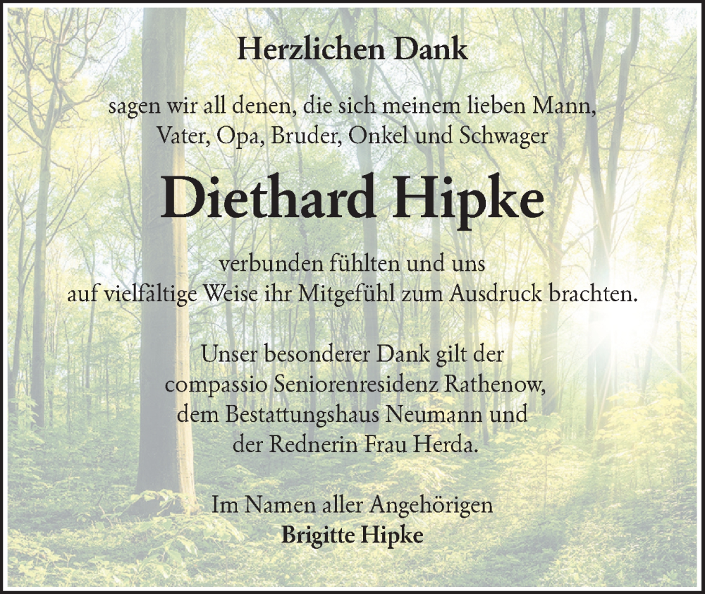  Traueranzeige für Diethard Hipke vom 06.12.2025 aus Märkische Oderzeitung