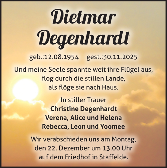 Traueranzeige von Dietmar Degenhardt von Märkische Oderzeitung