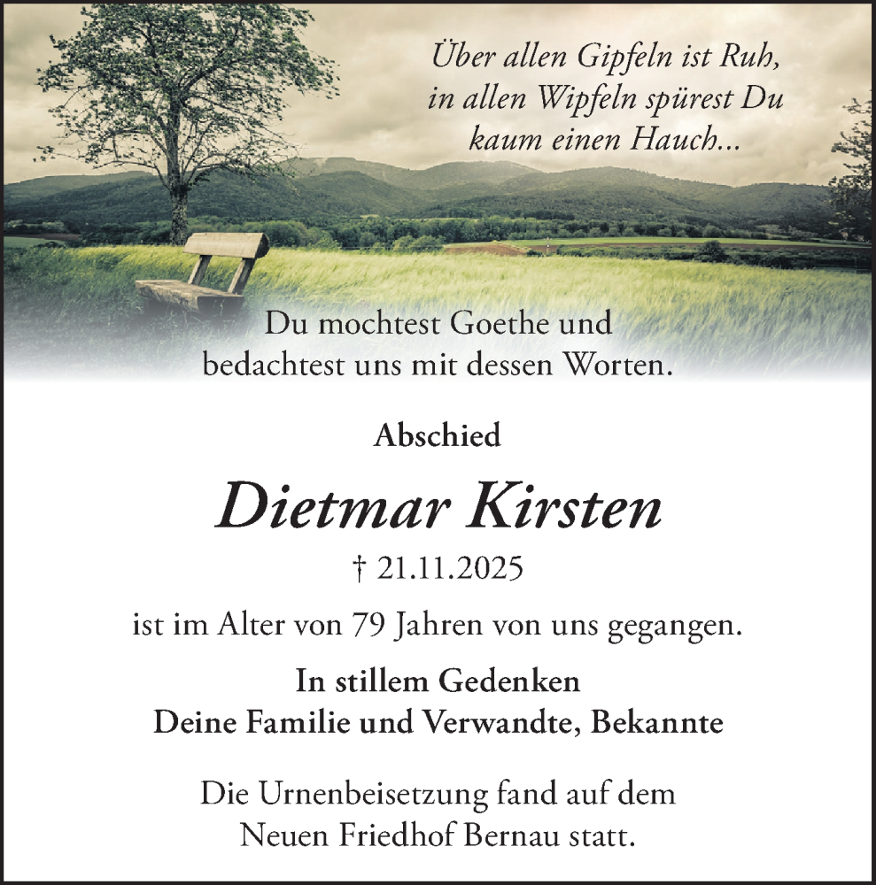 Traueranzeige für Dietmar Kirsten vom 20.12.2025 aus Märkische Oderzeitung