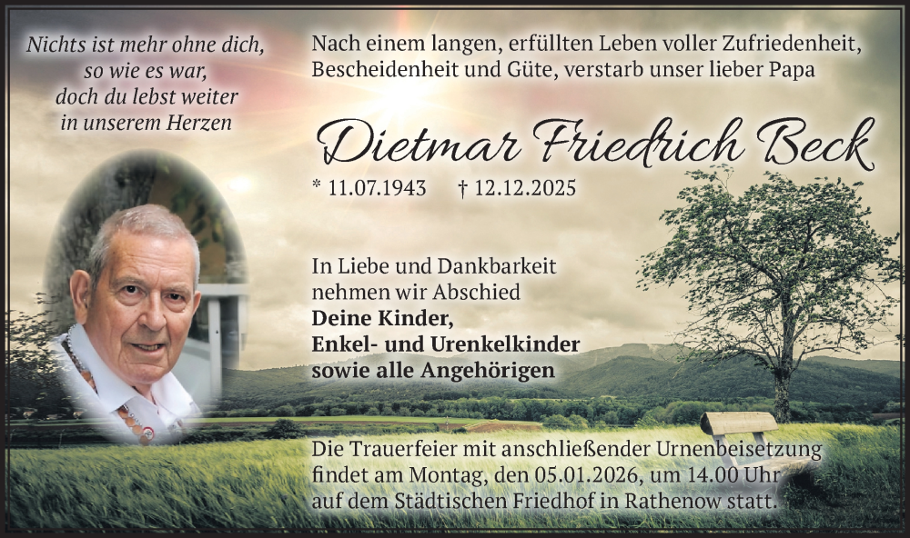  Traueranzeige für Dietmar Friedrich Beck vom 27.12.2025 aus Märkische Oderzeitung