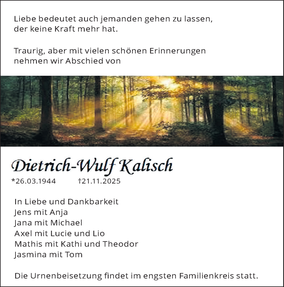  Traueranzeige für Dietrich-Wulf Kalisch vom 13.12.2025 aus Märkische Oderzeitung