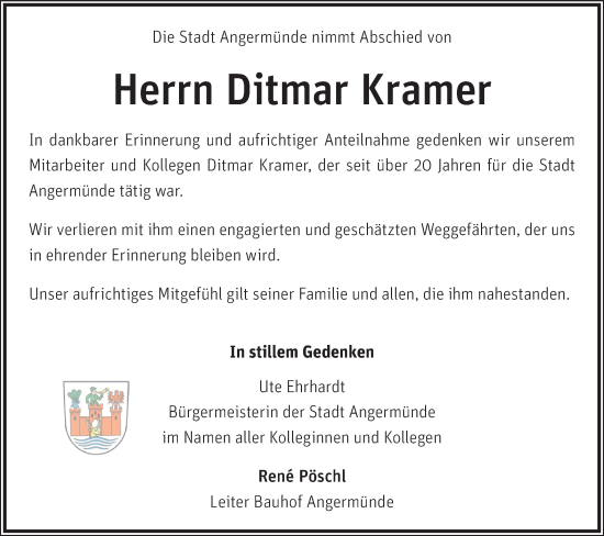 Traueranzeige von Ditmar Kramer von Märkische Oderzeitung