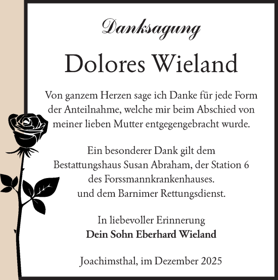 Traueranzeige von Dolores Wieland von Märkische Oderzeitung