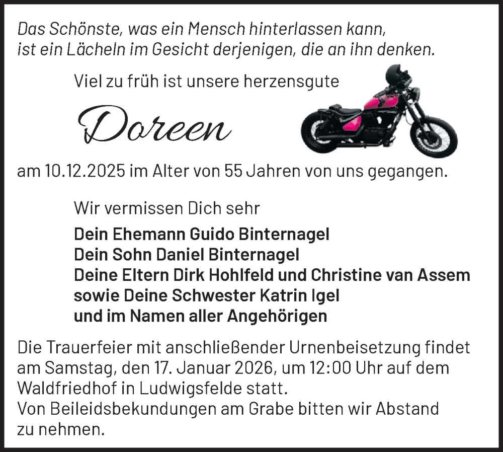  Traueranzeige für Doreen  vom 20.12.2025 aus Blickpunkt Ludwigsfelde/Zossen