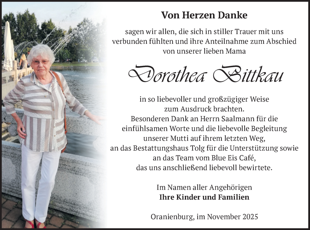 Traueranzeige für Dorothea Bittkau vom 13.12.2025 aus Märkische Oderzeitung