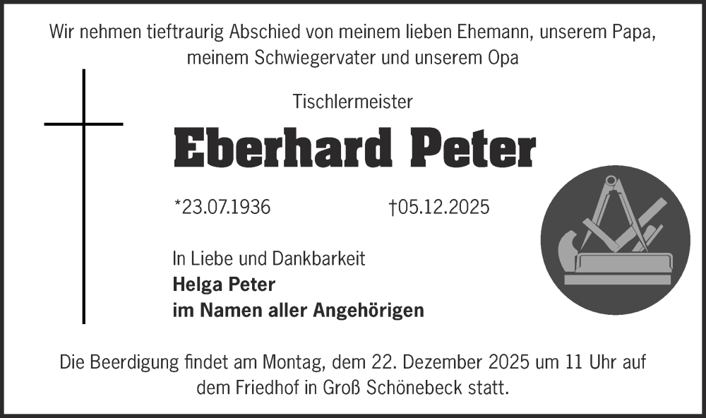 Traueranzeige für Eberhard Peter vom 13.12.2025 aus Märkische Oderzeitung