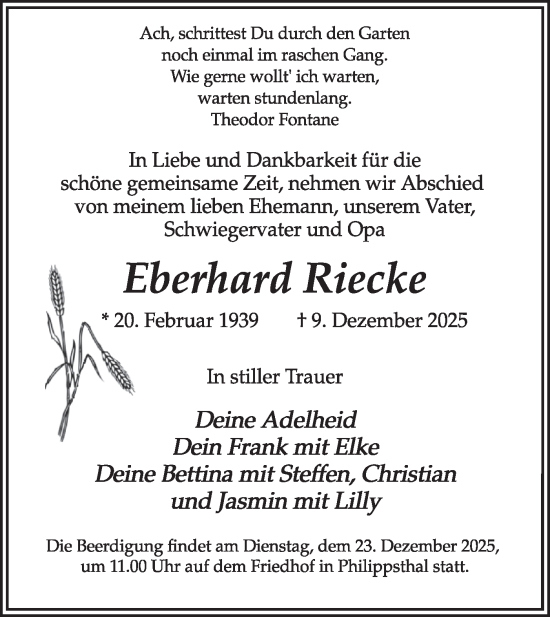 Traueranzeige von Eberhard Riecke von Blickpunkt Potsdam/Werder